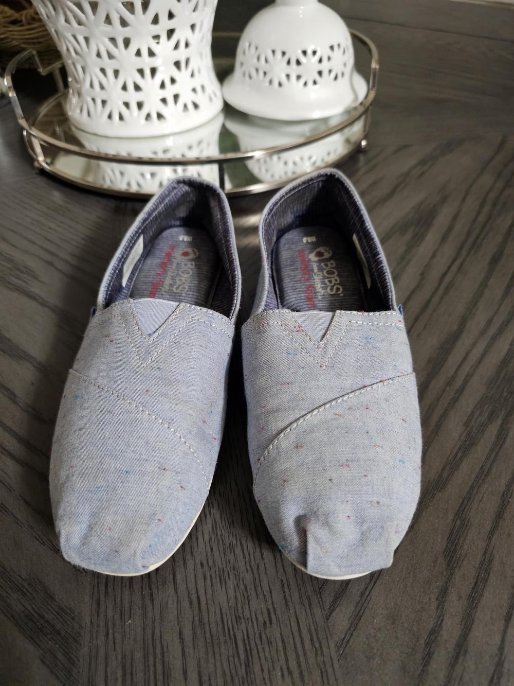 BOBS from Skechers Light Blue Canvas Slip-On with Red & Blue Logo
